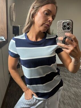 Striped Short-Sleeve Crewneck Top in Navy and Light Blue